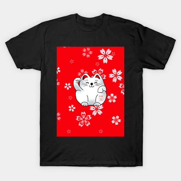 Lucky cat, white maneki with flowers T-Shirt by cuisinecat